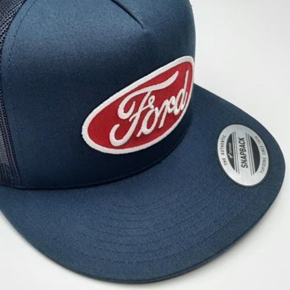 Ford Vintage Style Patch Flat Bill Baseball Cap Hat Embroidered Mesh Navy Blue